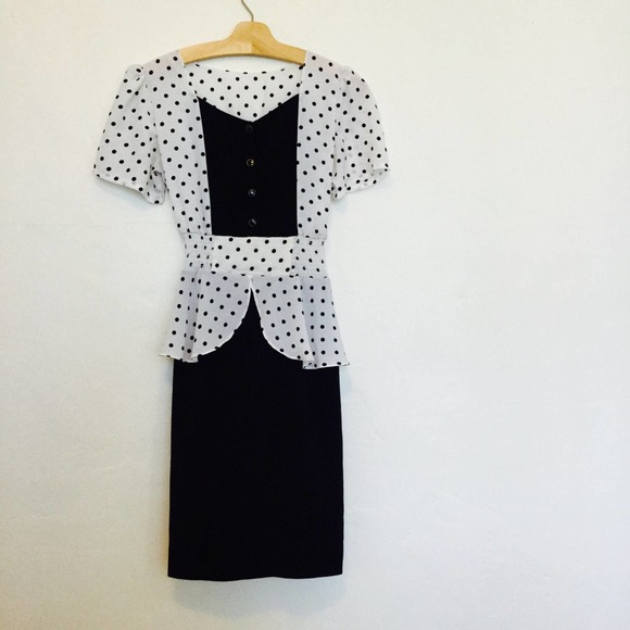 Vinatge 80s Black & White Polka Day Dress - Picture 2 of 5